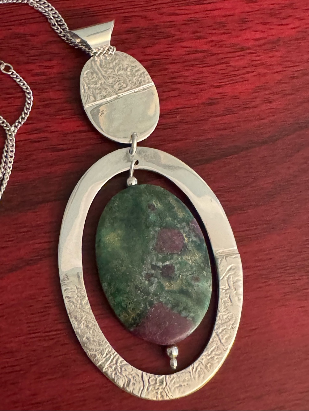 Vintage Taxco Mexico 925 Sterling Silver Ruby In Zoisite Pendant with Chain